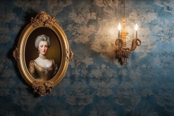 baroque woman portrait in gold frame hanging on the blue wall - obrazy, fototapety, plakaty