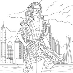 Vector illustration, a beautiful girl in a beach robe on vacation in Dubai