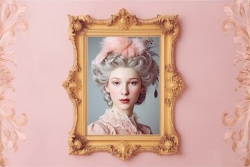 baroque woman portrait in gold frame hanging on the pink wall - obrazy, fototapety, plakaty