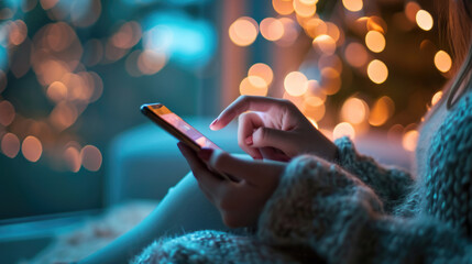 Person's hands are seen holding a smartphone, with a focus on the screen and fingers, against a backdrop of warm bokeh lights - obrazy, fototapety, plakaty