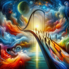 abstract fantasy transition in time over the bridge to new planets