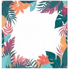 Beautiful colorful tropical border leaves frame white background AI Generated art