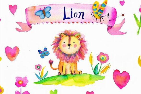 Cute safari animal on the cloud watercolor illustration, Watercolor animal cute safari lion,