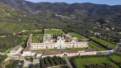 Panoramic view from drone of the Certosa of Calci, Tuscany, Italy. - 707214558