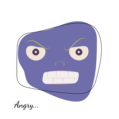 Doodle angry blue face. Hand drawn vector illustration