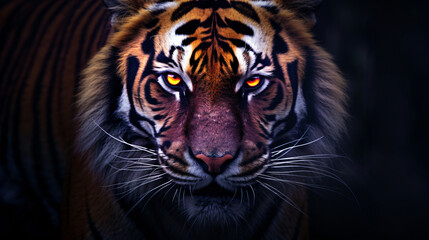 The tiger is staring into the darkness, in the style of photorealistic accuracy, dark purple and orange, wimmelbilder, sumatraism, high resolution, softbox lighting

