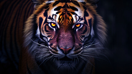 Fototapeta premium The tiger is staring into the darkness, in the style of photorealistic accuracy, dark purple and orange, wimmelbilder, sumatraism, high resolution, softbox lighting
