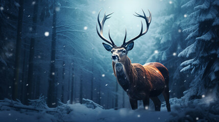 Deer in the snow with light and snow falling around it, in the style of photorealistic portraiture, dark red and dark azure, photo-realistic landscapes, wimmelbilder, exotic flora and fauna, baroque a