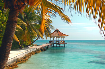 Tropical beach paradise with a wooden pier and gazebo, palm leaves in the foreground, and clear...