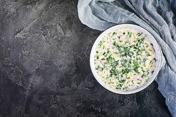 Russian traditional cold soup okroshka. Summer cold soup with yogurt and vegetables. - obrazy, fototapety, plakaty