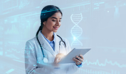 CRISPR technology. Young advanced indian lady doctor studying virtual human DNA strand on digital...
