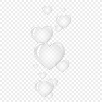 Transparent hearts. Valentines day. Soap bubble, crystal glass hearts. Beauty product, moisture, skincare transparent bubbles top view, scatter splashes
