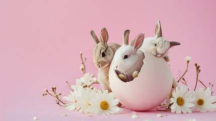 Naklejka na ściany i meble Easter rabbits, easter egg and flowers on isolated pastel pink background. Christianity traditional holiday concept. Blooming greeting card. Celebration the resurrection of Christ.