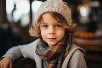 Portrait of a cute little girl in a hat and scarf in a cafe.