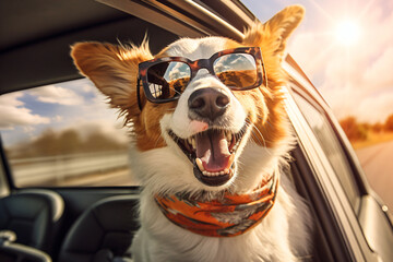 A dog wearing sunglasses, in the style of travel, light beige and orange, cinestill 50d, auto body works, high quality photo, joyful celebration of nature, photo taken with provia

