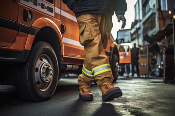 A firefighter walking by an ambulance on duty, viewed from a low angle.