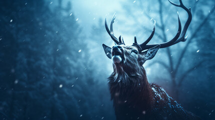 Deer in the snow with light and snow falling around it, in the style of photorealistic portraiture,...