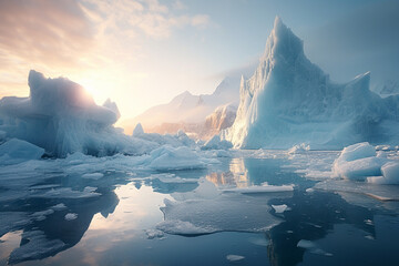 Glacial Landscape in the Antarctic Sea, Surrounded by Ocean on a Sunny Day