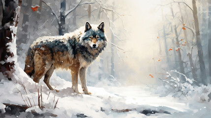 A wolf in the snow in the forest, oil paint, clipart