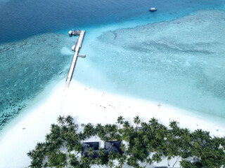 Aerial view from drone white beach and crystal clear sea, Maldives. - 707216929