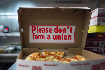 a photo of an anti union message left in a pizza box by an overbearing boss  - obrazy, fototapety, plakaty