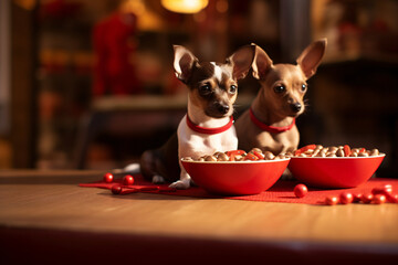 Chocolate dogs on red collar dog a bowl of food with a red and white collar, in the style of canon ts-e 17mm f/4l tilt-shift, contemporary diy, golden light, beautiful interiors, unprimed canvas

