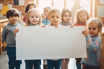 A group of children holds a blank white banner. Space for your text.