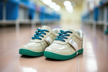 A close-up of glossy beige and teal sneakers on a hospital floor.