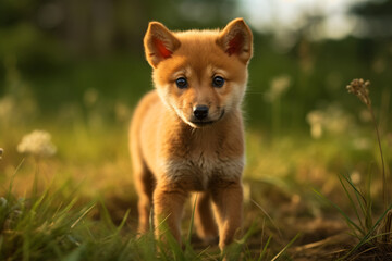 Naklejka na ściany i meble A tiny puppy standing in the grass, in the style of japenese renaissance, light red, photo-realistic landscapes, energetic gestures, canon sure shot af-7s, handsome, dark yellow and light emerald