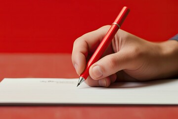 Hand writing with a red pen on lined notepad against a red background.