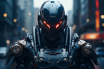 Fototapeta premium Frontal Portrait of an Android in the Streets of a City