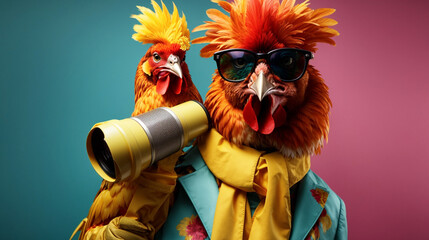 a chicken is holding a megaphone in luxurious clothes and a yellow background. generative ai