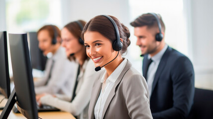 Call center workers. Men and women with headphones and microphone headset.