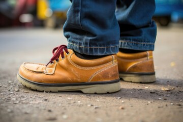 Person's feet in tan shoes with red laces on a gritty urban street.