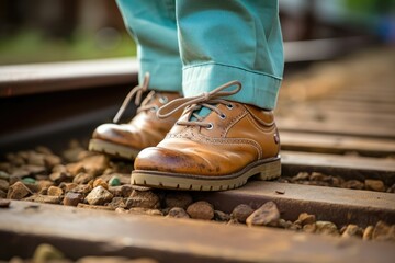 Close-up of tan leather shoes on a railway track with pebbles.