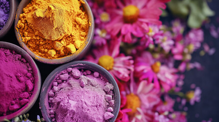 Vibrant powdered colors and flowers for a creative project.