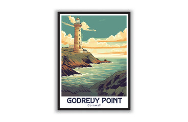 Godrevy Point, Cornwall. Vintage Travel Posters. Vector art. Famous Tourist Destinations Posters Art Prints Wall Art and Print Set Abstract Travel for Hikers Campers Living Room Decor