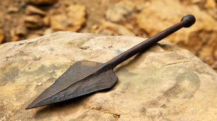 Ancient spearhead on rock, symbol of heritage.