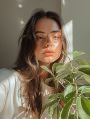 Fototapeta premium Selfie of Smiling young woman hold plant happy work in indoor garden