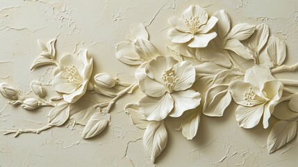 Bas relief of a flowering branch from a dogwood tree, tone-on-tone in white