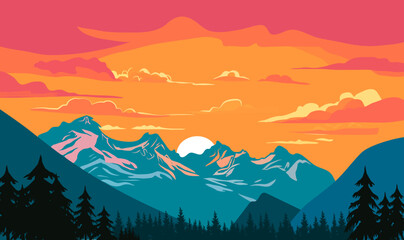 sunset in the mountains vector landscape