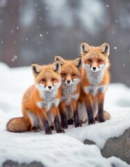 A small group of cute fox cubs in the snow, on a blurred background