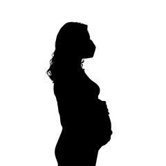Silhouette of a pregnant woman with a face medical mask, isolated on a white background. Problems...