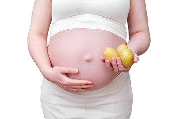 Pregnant woman with three potatoes in hand isolated on a white background