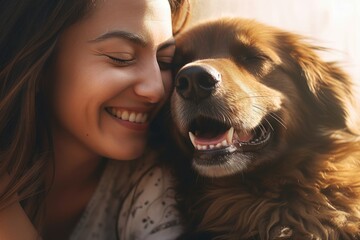 Woman smiling closely with a joyful golden retriever.