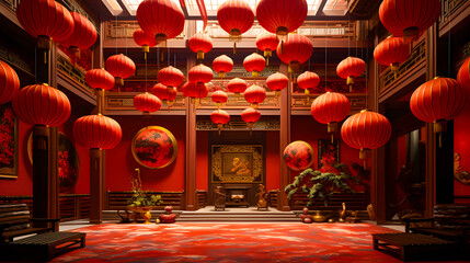 Traditional Chinese building decorated with red lanterns for the Lunar New Year celebration, creating a festive and cultural atmosphere. Perfect for Chinese New Year and festive designs