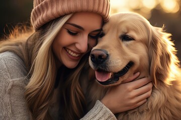 Smiling woman hugging her golden retriever in a sunny field.