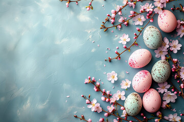 Easter Background with painted eggs, sticks, blossoms and feathers. Beautiful arrangement with empty space for messages. 