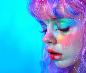 Fashion Concept. Closeup portrait of girl in colourful pastel shiny glitter iridescent glitter glow. illuminated with dynamic composition light. sensual, natural, advertisement, copy text space	
