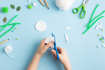Step by step diy process of making snowdrops flowers. Creativity, crafting with kids.